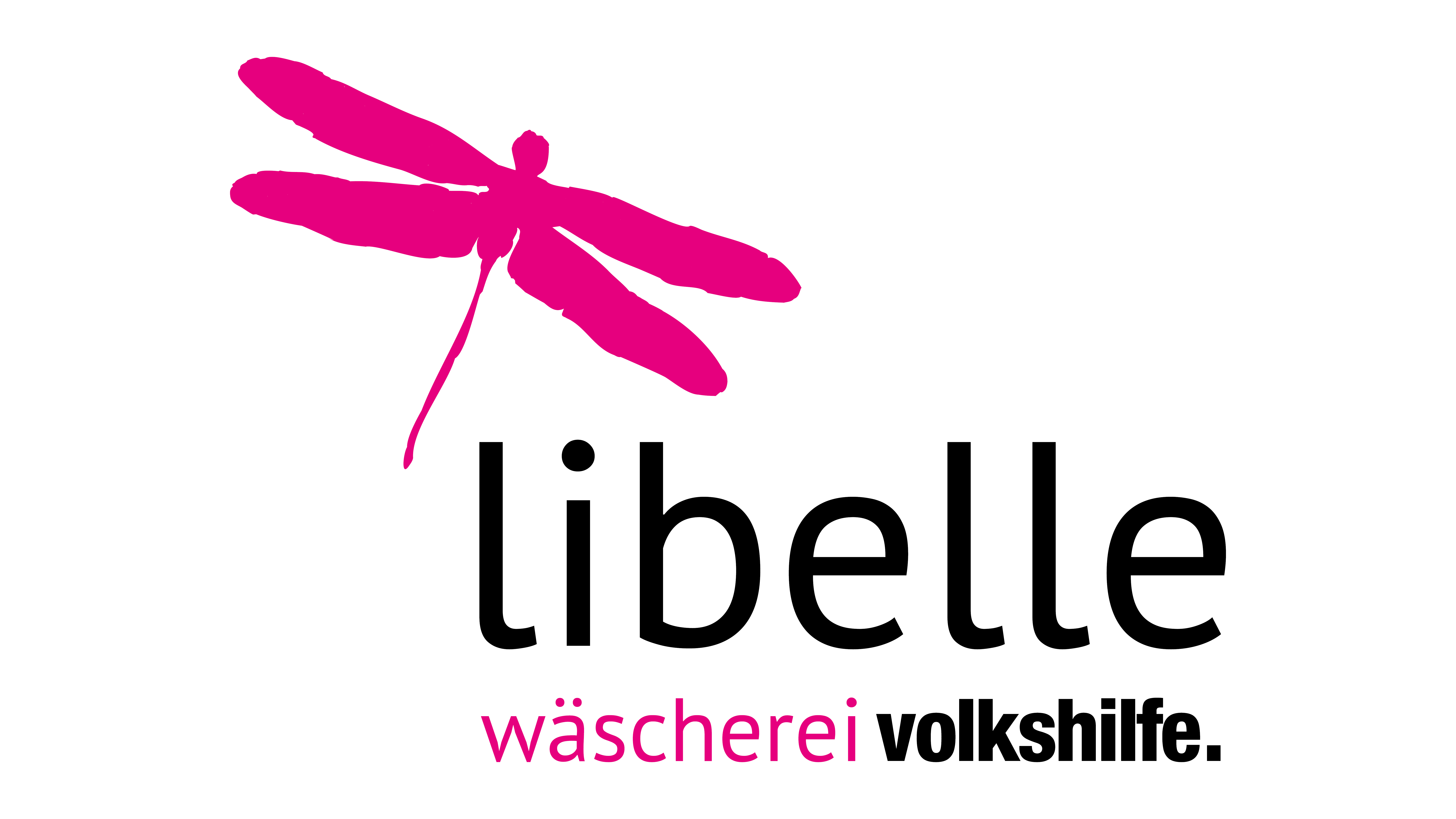 Logo mit der Aufschrift „libelle“ und einer Libelle in Pink, darunter „wäscherei volkshilfe“.