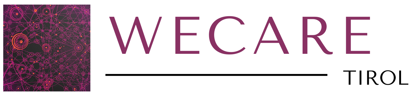 Futuristisches, pinkes Design mit dem Text "WECARE" rechts neben einem grafischen Element.