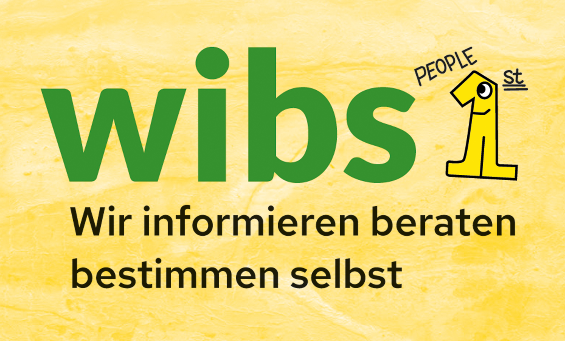 Logo von wibs: "Wir informieren, beraten, bestimmen selbst" mit einem bunten, freundlichen Design auf gelbem Hintergrund.
